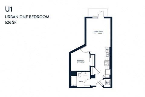 Floor plan for 1 bed, 1 bath, 626 sqft